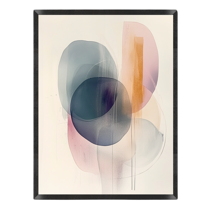 Abstract wall art featuring overlapping translucent organic shapes in muted blue, pink, peach, and gray tones on a warm off-white background, enclosed in a thin black frame.
