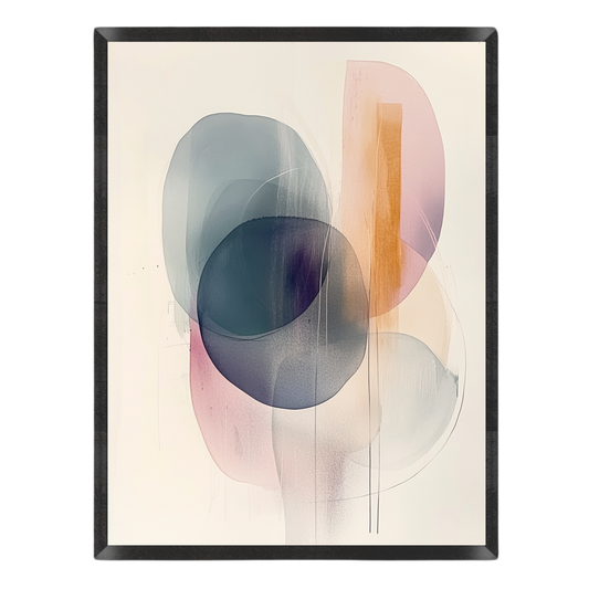 Abstract wall art featuring overlapping translucent organic shapes in muted blue, pink, peach, and gray tones on a warm off-white background, enclosed in a thin black frame.