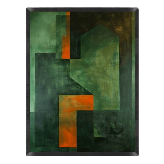 dark minimalist abstract art print featuring geometric block shapes in moody forest green, emerald, and deep olive tones accented with vivid rust-orange geometric bars inside a thin black frame