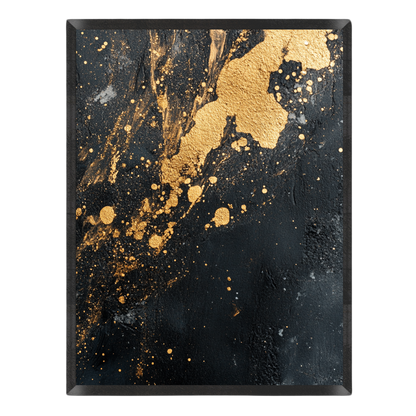 Abstract art print featuring a textured black background with metallic gold paint splatters, drips, and splashes, presented on a clean white background.