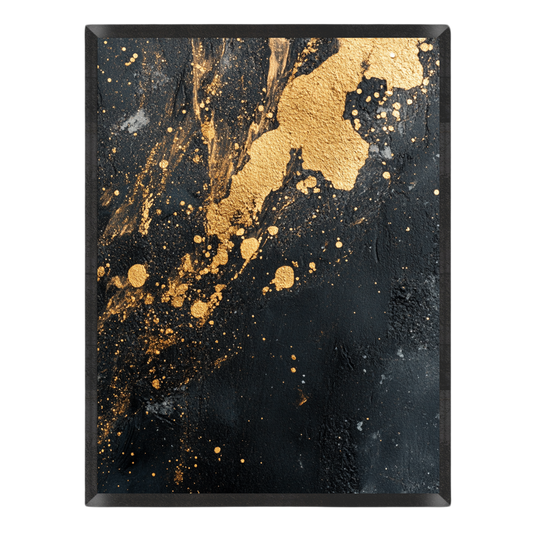 Abstract art print featuring a textured black background with metallic gold paint splatters, drips, and splashes, presented on a clean white background.