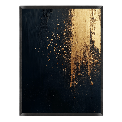 Abstract art print featuring a textured black background with a vertical metallic gold brushstroke and scattered gold speckles, set against a plain white background.