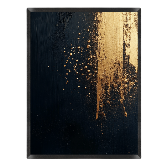 Abstract art print featuring a textured black background with a vertical metallic gold brushstroke and scattered gold speckles, set against a plain white background.