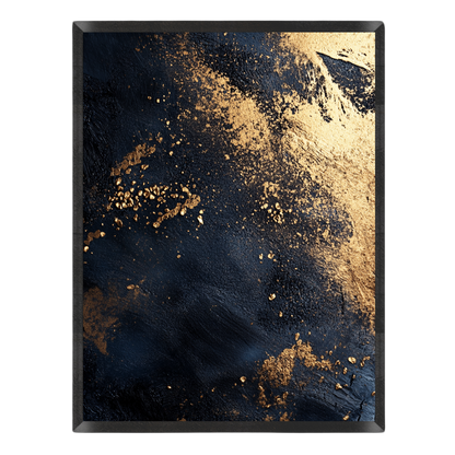 Abstract art print featuring a textured black background with metallic gold leaf splatters and a sweeping gold gradient across the top right, set against a clean white background.