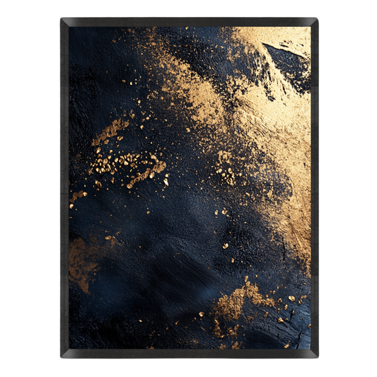 Abstract art print featuring a textured black background with metallic gold leaf splatters and a sweeping gold gradient across the top right, set against a clean white background.