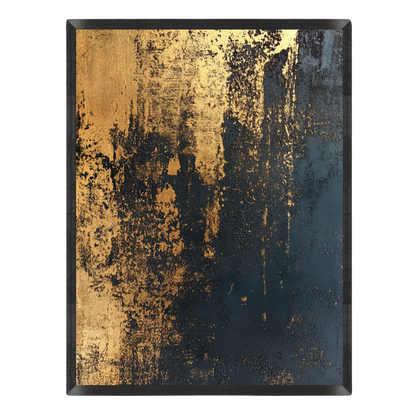 Abstract wall art featuring textured gold and black paint strokes with a dark charcoal background, presented in a black frame against a white backdrop.