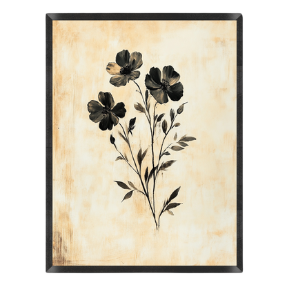 Wall art featuring a black floral botanical illustration on a warm beige textured background, enclosed in a black frame.
