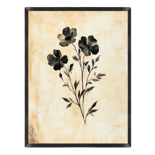 Wall art featuring a black floral botanical illustration on a warm beige textured background, enclosed in a black frame.