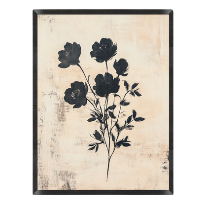Wall art featuring a black floral botanical print on a distressed beige background, enclosed in a thin black frame.