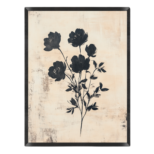 Wall art featuring a black floral botanical print on a distressed beige background, enclosed in a thin black frame.