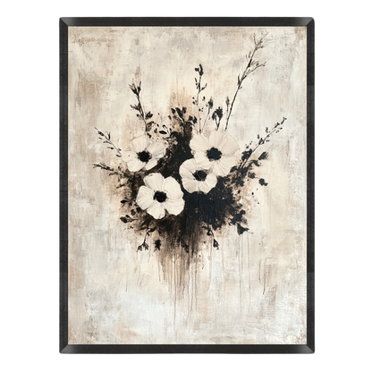Wall art featuring a textured beige background with a black-and-white floral bouquet, enclosed in a thin black frame.