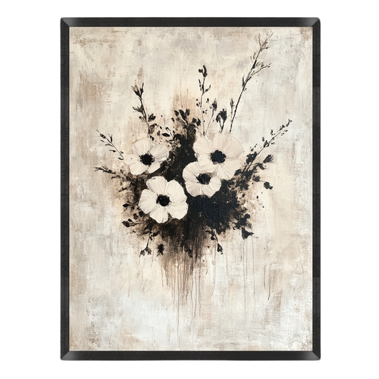 Wall art featuring a textured beige background with a black-and-white floral bouquet, enclosed in a thin black frame.