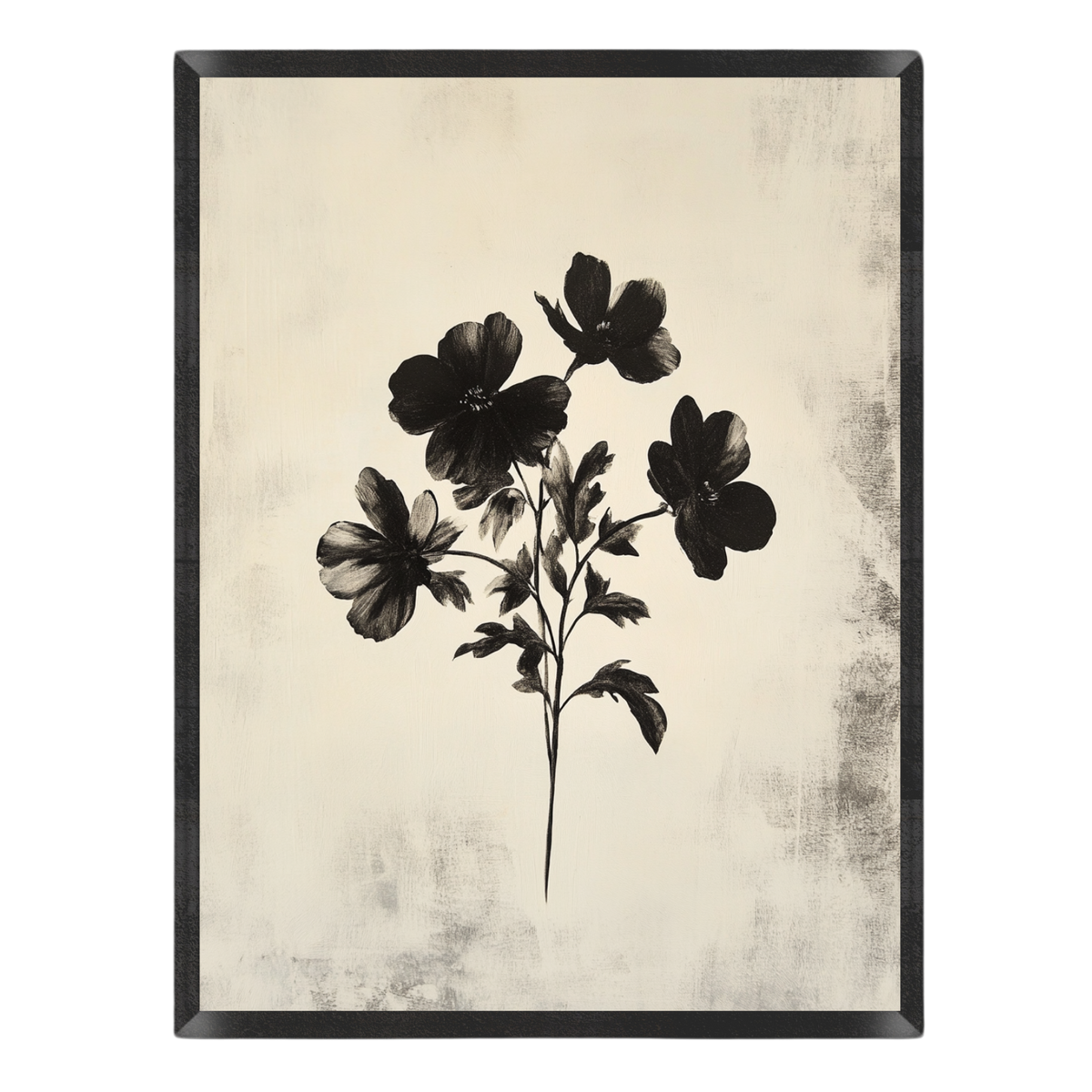 Wall art featuring a black floral illustration on a distressed cream background, enclosed in a black frame.