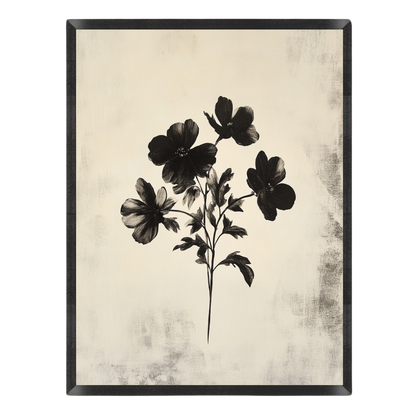 Wall art featuring a black floral illustration on a distressed cream background, enclosed in a black frame.