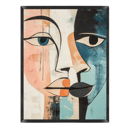 Abstract art print featuring a stylized split-face composition with peach, cream, black, blue, and light teal sections, shown against a plain white background.