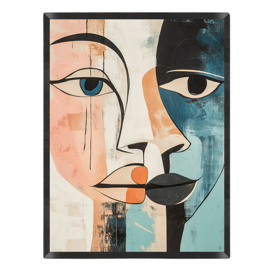 Abstract art print featuring a stylized split-face composition with peach, cream, black, blue, and light teal sections, shown against a plain white background.