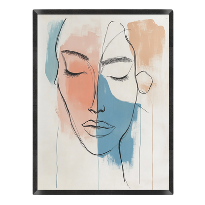 Abstract art print featuring a minimalist line drawing of a woman's face with closed eyes, painted in soft peach, blue, and beige tones on a white background.