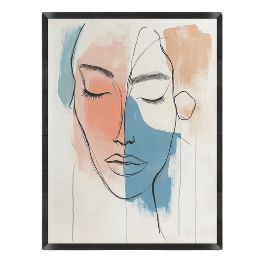 Abstract art print featuring a minimalist line drawing of a woman's face with closed eyes, painted in soft peach, blue, and beige tones on a white background.