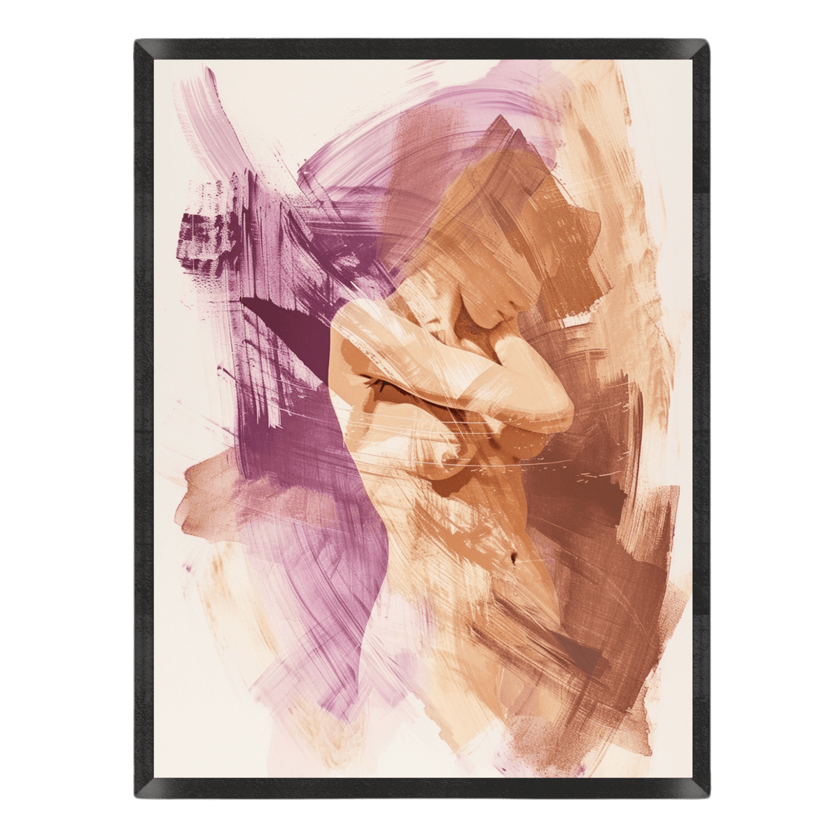 minimalist abstract figure art print featuring a woman's silhouette rendered with loose, expressive brushstrokes in soft mauve, purple, beige, and warm neutral tones inside a thin black frame