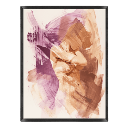 minimalist abstract figure art print featuring a woman's silhouette rendered with loose, expressive brushstrokes in soft mauve, purple, beige, and warm neutral tones inside a thin black frame