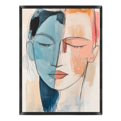 Abstract portrait painting of a face split vertically into blue and peach sections, shown in a black frame against a white background.