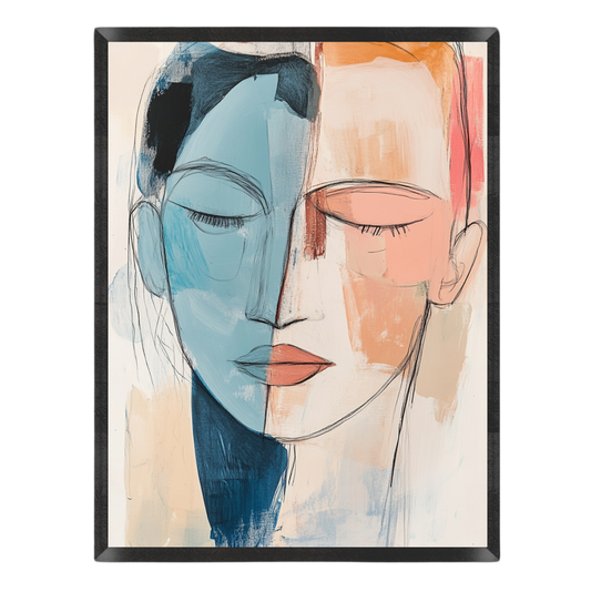 Abstract portrait painting of a face split vertically into blue and peach sections, shown in a black frame against a white background.