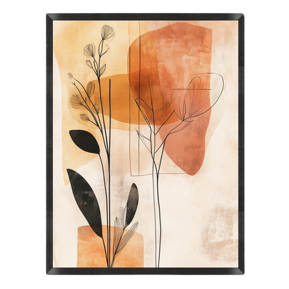 Abstract botanical wall art featuring black line-drawn leaves and stems over warm beige, terracotta, and orange shapes, shown in a black frame against a white background.