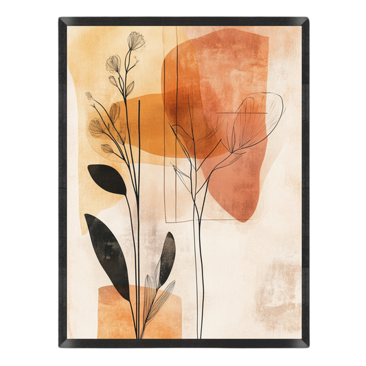 Abstract botanical wall art featuring black line-drawn leaves and stems over warm beige, terracotta, and orange shapes, shown in a black frame against a white background.