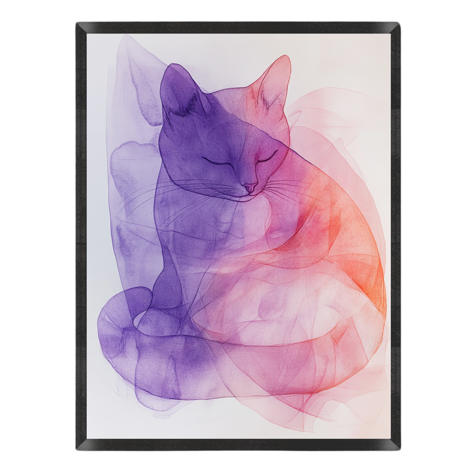 Wall art featuring an abstract sleeping cat rendered in flowing translucent purple and coral-pink brushstrokes on a white background, enclosed in a thin black frame.