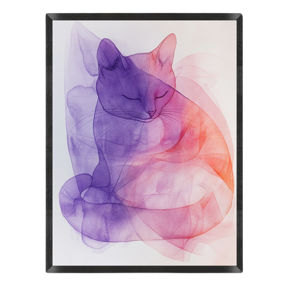 Wall art featuring an abstract sleeping cat rendered in flowing translucent purple and coral-pink brushstrokes on a white background, enclosed in a thin black frame.