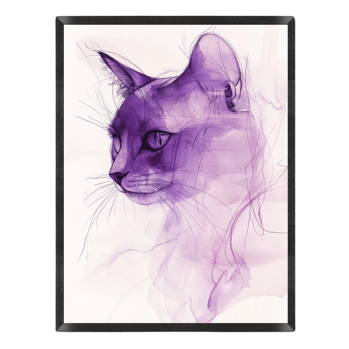 Wall art print featuring a stylized purple sketch of a cat's head in profile, set against a clean white background with a black frame.