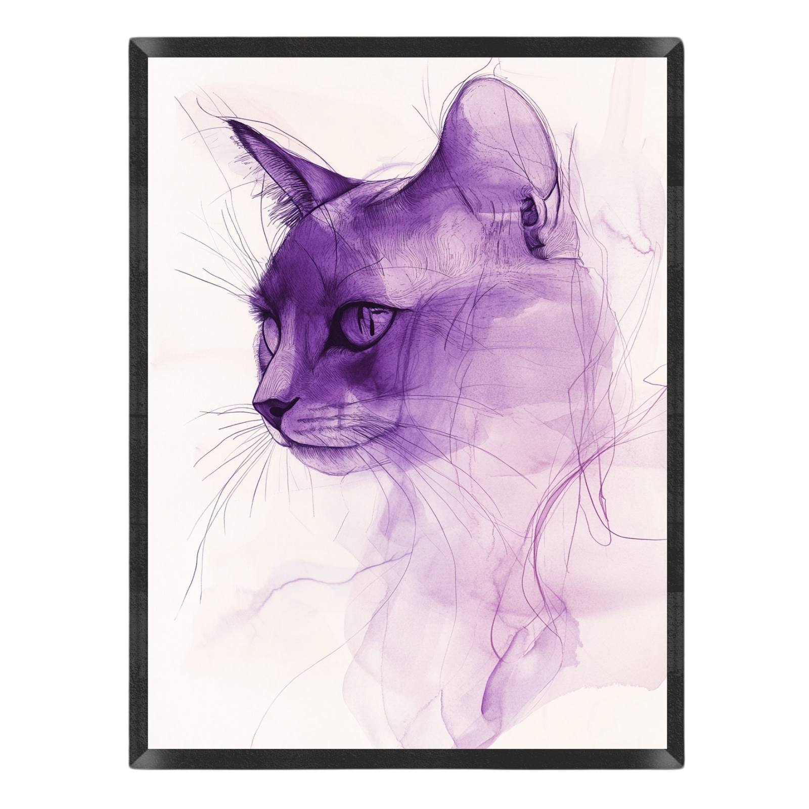 Wall art print featuring a stylized purple sketch of a cat's head in profile, set against a clean white background with a black frame.