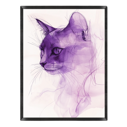 Wall art print featuring a stylized purple sketch of a cat's head in profile, set against a clean white background with a black frame.