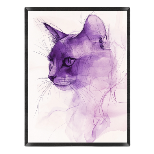 Wall art print featuring a stylized purple sketch of a cat's head in profile, set against a clean white background with a black frame.