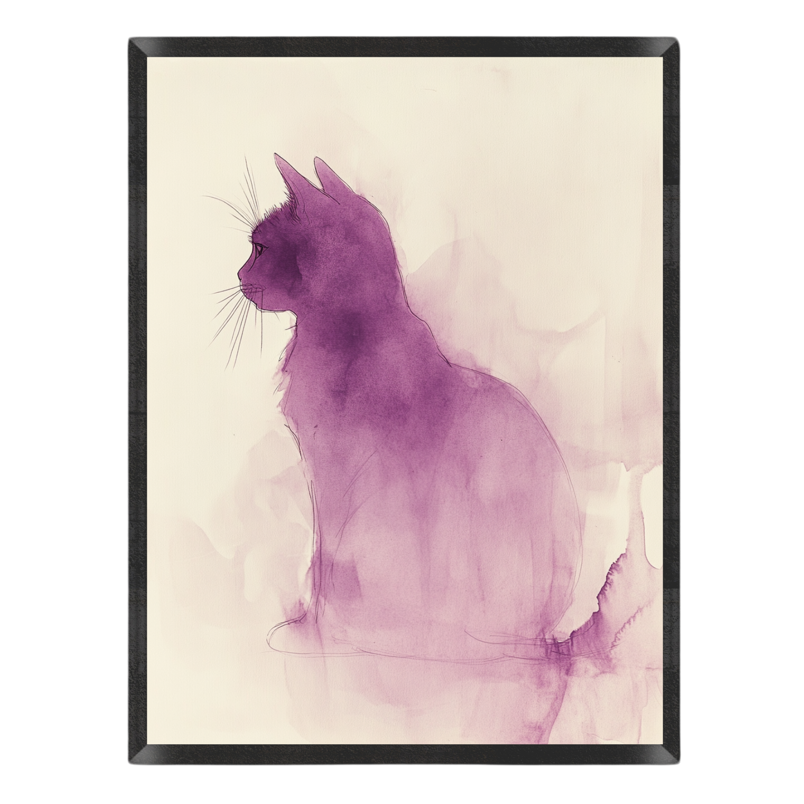 Wall art print featuring a purple watercolor-style cat silhouette on a warm cream background, enclosed in a thin black frame.