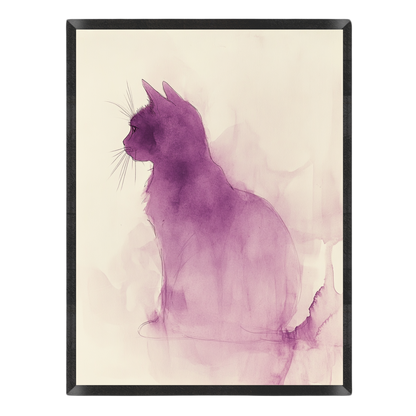 Wall art print featuring a purple watercolor-style cat silhouette on a warm cream background, enclosed in a thin black frame.