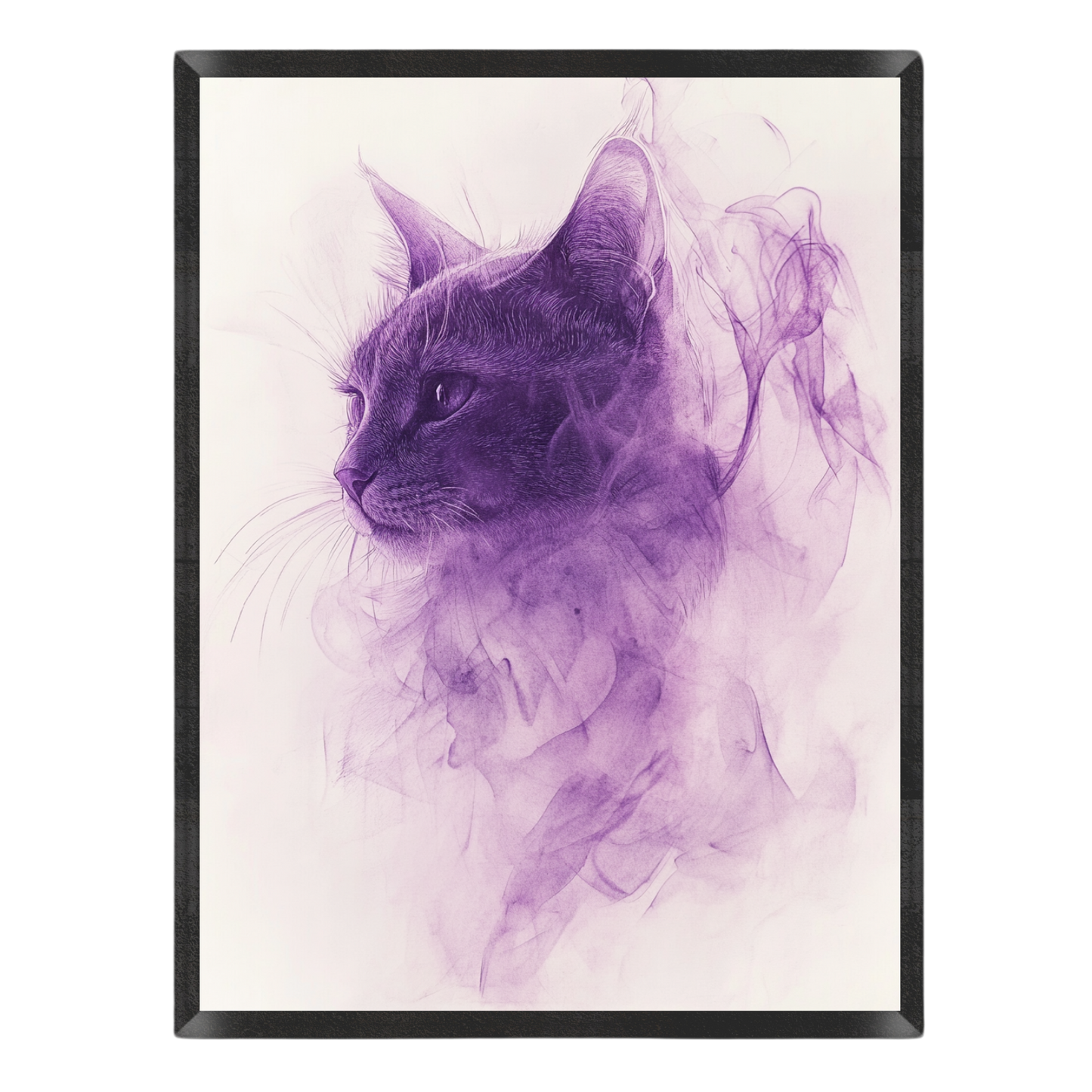 Wall art print featuring a purple cat illustration blended with smoky purple and lavender tones on a light background, enclosed in a black frame.