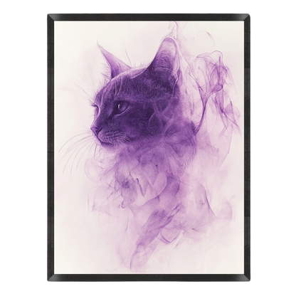 Wall art print featuring a purple cat illustration blended with smoky purple and lavender tones on a light background, enclosed in a black frame.