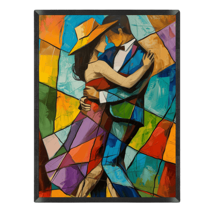 cubist art print featuring a dancing couple embracing in an elegant tango, with a woman in a yellow hat and red dress and a man in a suit, composed of vibrant patchwork geometric panels in blue, orange, and purple inside a thin black frame
