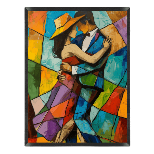 cubist art print featuring a dancing couple embracing in an elegant tango, with a woman in a yellow hat and red dress and a man in a suit, composed of vibrant patchwork geometric panels in blue, orange, and purple inside a thin black frame