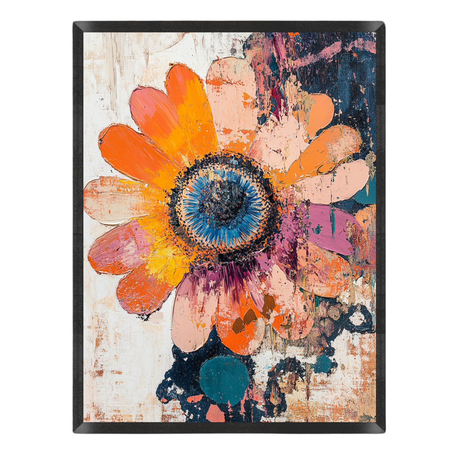 Abstract floral painting featuring a large daisy-like flower with orange, peach, yellow, blue, pink, and purple textured petals on a light distressed background, enclosed in a black frame.