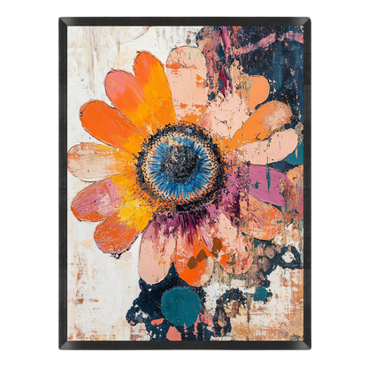 Abstract floral painting featuring a large daisy-like flower with orange, peach, yellow, blue, pink, and purple textured petals on a light distressed background, enclosed in a black frame.