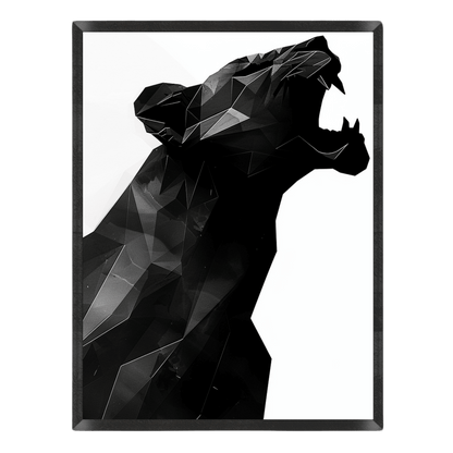 minimalist low-poly panther art print featuring a black geometric silhouette of a roaring panther or big cat against a stark white background in a thin black frame