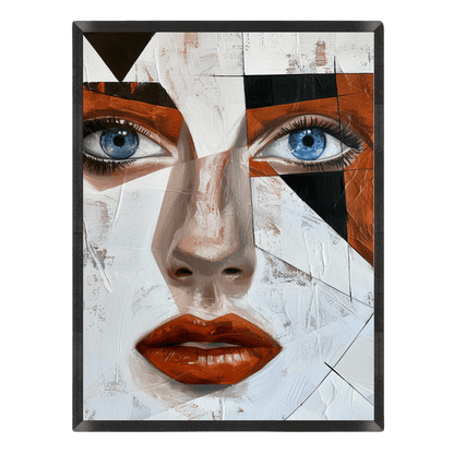 geometric abstract portrait poster featuring a close-up of a woman's face with striking blue eyes and bold terracotta red lips, broken into angular white, black, and rust-orange panels inside a thin black frame