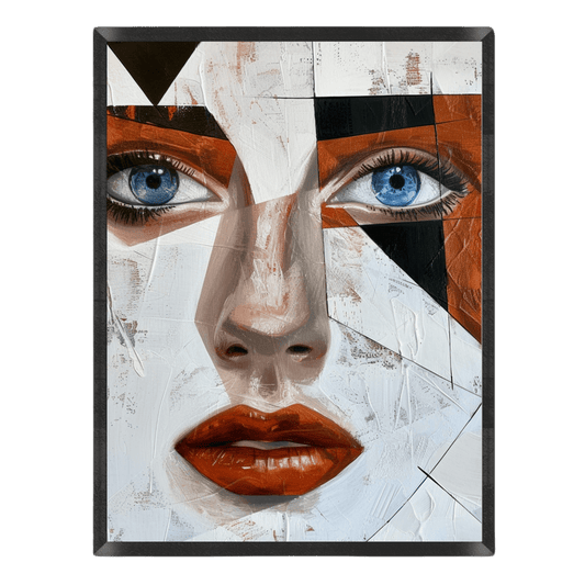 geometric abstract portrait poster featuring a close-up of a woman's face with striking blue eyes and bold terracotta red lips, broken into angular white, black, and rust-orange panels inside a thin black frame