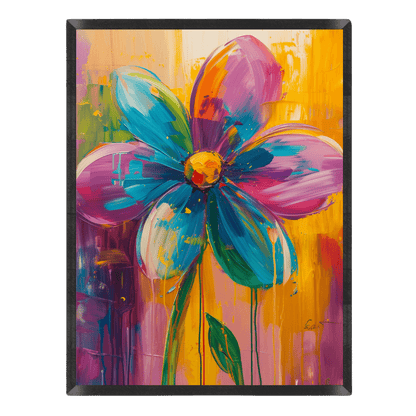 vibrant colorful floral art print featuring a blooming flower with textured impasto petals in teal blue, magenta pink, and purple set against a warm yellow and orange background inside a thin black frame