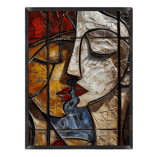 cubist mosaic art poster featuring two kissing faces with textured gold, silver, and red panels separated by dark stained glass lead lines inside a thin black frame