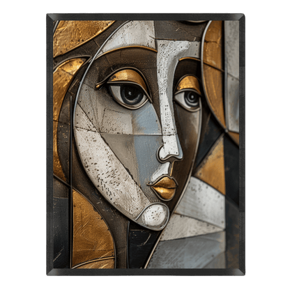 cubist geometric portrait poster featuring an abstract woman's face with metallic gold, silver, and bronzed grey textured panels and stylized line work, enclosed in a thin black frame