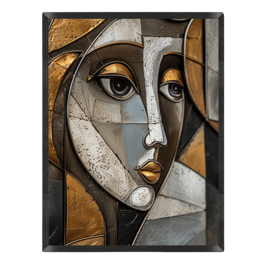 cubist geometric portrait poster featuring an abstract woman's face with metallic gold, silver, and bronzed grey textured panels and stylized line work, enclosed in a thin black frame