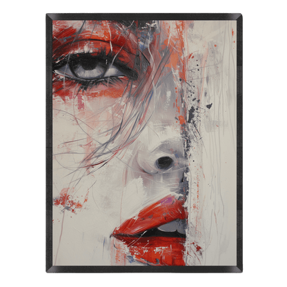 expressive oil painting portrait poster featuring a dramatic close-up of a woman's face with bold red lips, intense eye makeup, and textured white and grey impasto brushstrokes, enclosed in a thin black frame